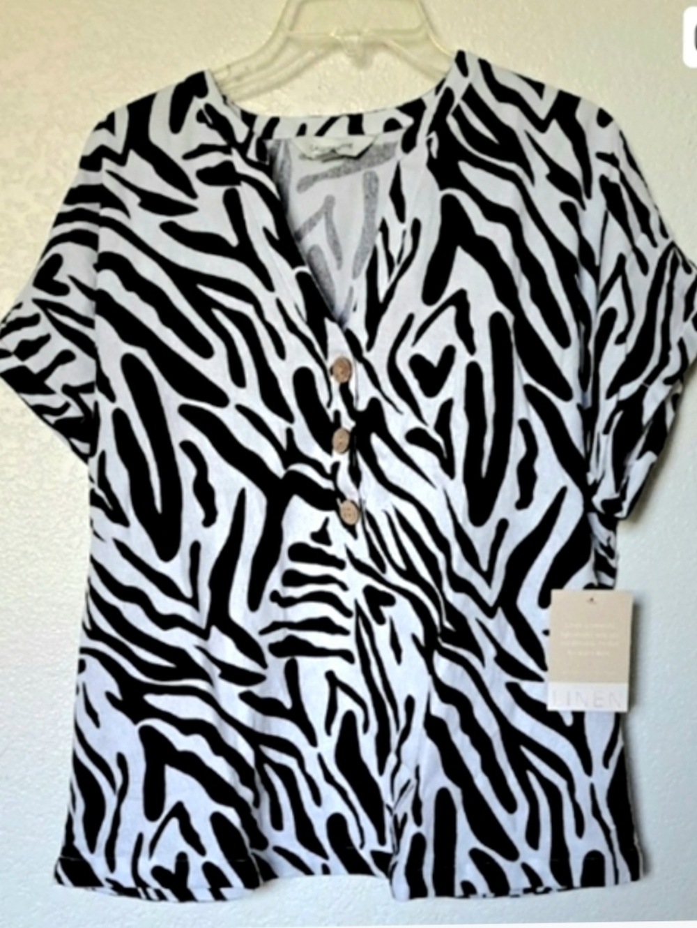 Zebra-Print V-Neck Button Blouse - Black & White Short Sleeve Linen Top